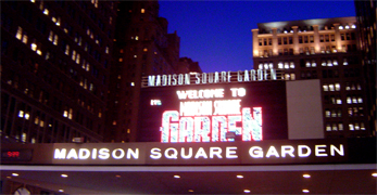 Madison Square Garden, often abbreviated as MSG, known colloquially simply as The Garden, has been the name of four arenas in New York City, NY. It is also the name of the entity which owns the arena and several of the professional sports franchises which play there. There have been four incarnations of the arena. The first two were located at the Northeast corner of Madison Square (Madison Ave. & 26th St.) from which the arena derived its the name