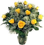 Perfect YELLOW Roses, in a cear base, greens and white fillers special Roses Arrangement for Valentine and Romance for an exigent lady... We have a complete Online Flowers Selection for Anniversary, Birthday, Romance, Get well soon, New born, Funeral, Sympathy, Thanksgiving, Christmas, Mother's day, Father's day, Secretary, Boss, Easter, Spring and our fantastic Miami Tropical and Exotic flowers arrangements