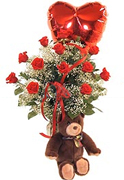 Perfect RED Roses, Teddy bear ans a Mylar balloon in a clear base, greens and white fillers special Roses Arrangement for Valentine and Romance for an exigent lady... We have a complete Online Flowers Selection for Anniversary, Birthday, Romance, Get well soon, New born, Funeral, Sympathy, Thanksgiving, Christmas, Mother's day, Father's day, Secretary, Boss, Easter, Spring and our fantastic Miami Tropical and Exotic flowers arrangements