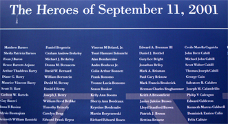 THE HEROES OF SEPTEMBER 11... On September 11, 2001, four U.S. planes hijacked by terrorists crashed into the World Trade Center (south Manhattan in New York City), the Pentagon and a field in Pennsylvania killing nearly 3,000 people in a matter of hours. Behind the staggering number of deaths are the individuals, each of whom left behind family, friends and co-workers who feel the national tragedy on a personal level... 