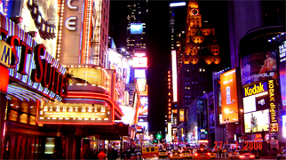 Broadway's huge number of animated neon and television-style signage have long made it one of New York's iconic symbols, and a symbol of the intensely urban Manhattan. Times Square is the only neighborhood in New York with a zoning ordinance requiring tenants to display bright signs. The density of illuminated signs in Times Square now rivals Las Vegas... Broadway theater's area it is located at Time Square Manhattan New York City